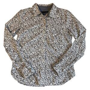Tommy Hilfiger Black & White Floral Long Roll Tab Sleeve Button Up Top Size XS